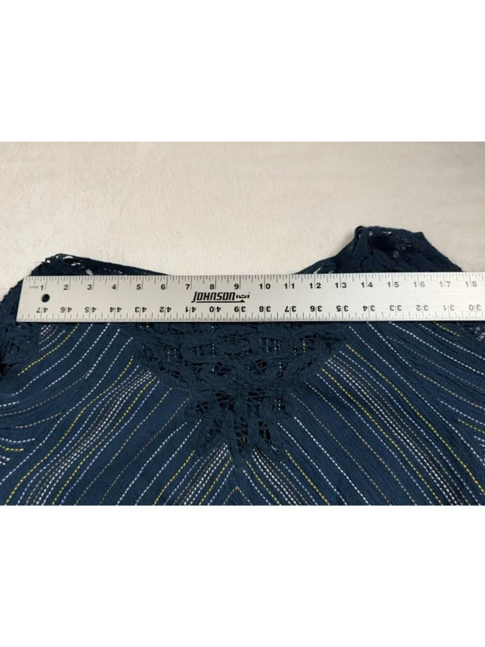 Free People Floating Memories Blouse Navy Blue Crochet Lace Stripe Boho Large